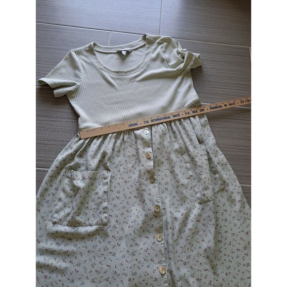 Vtg Casual Corner Green Ribbed Floral Button-Down Maxi Dress Short Sleeve Pocket - Picture 11 of 12